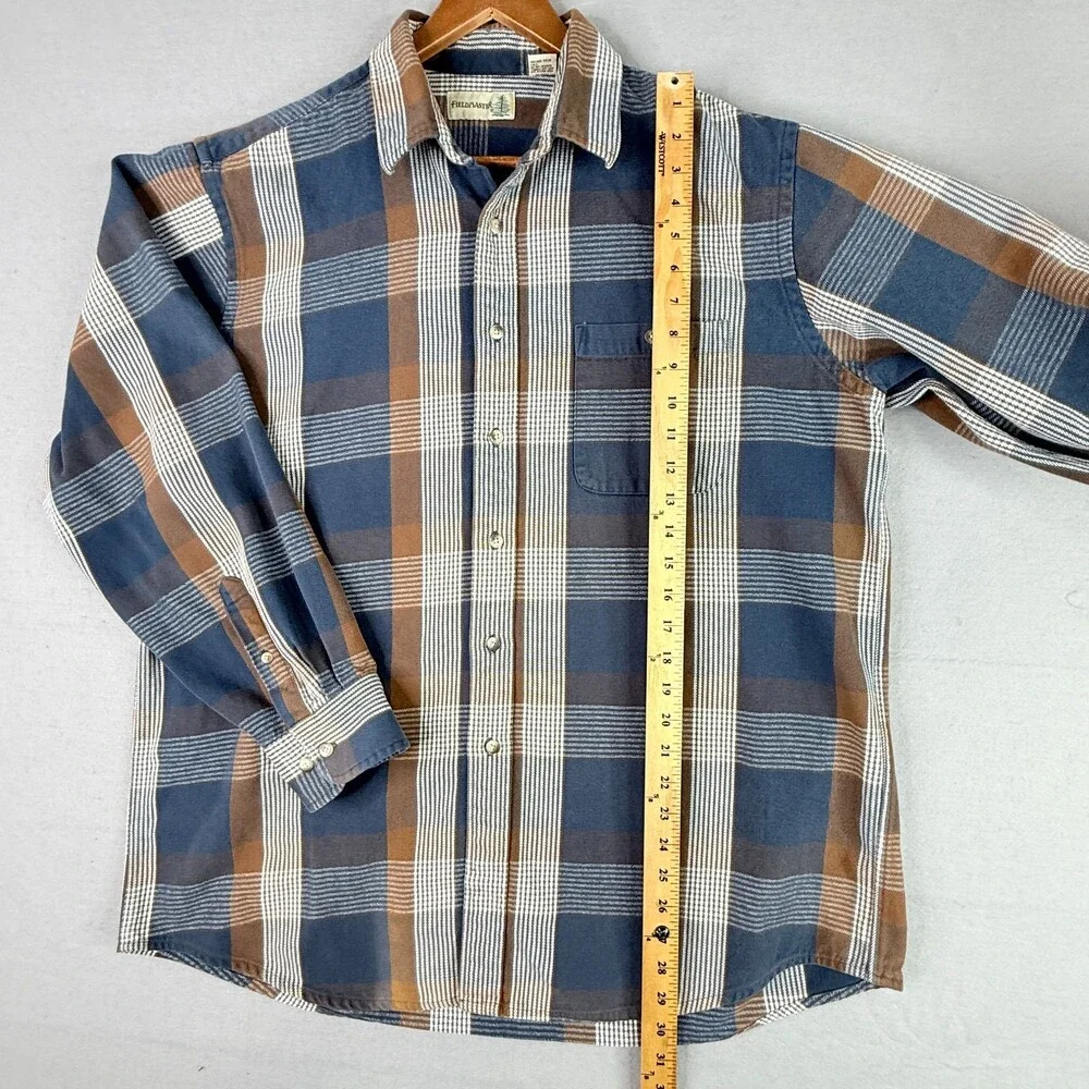 Vintage Fieldmaster Shirt Mens XLT Blue Brown Plaid Cotton Flannel Outdoor - Picture 4 of 11
